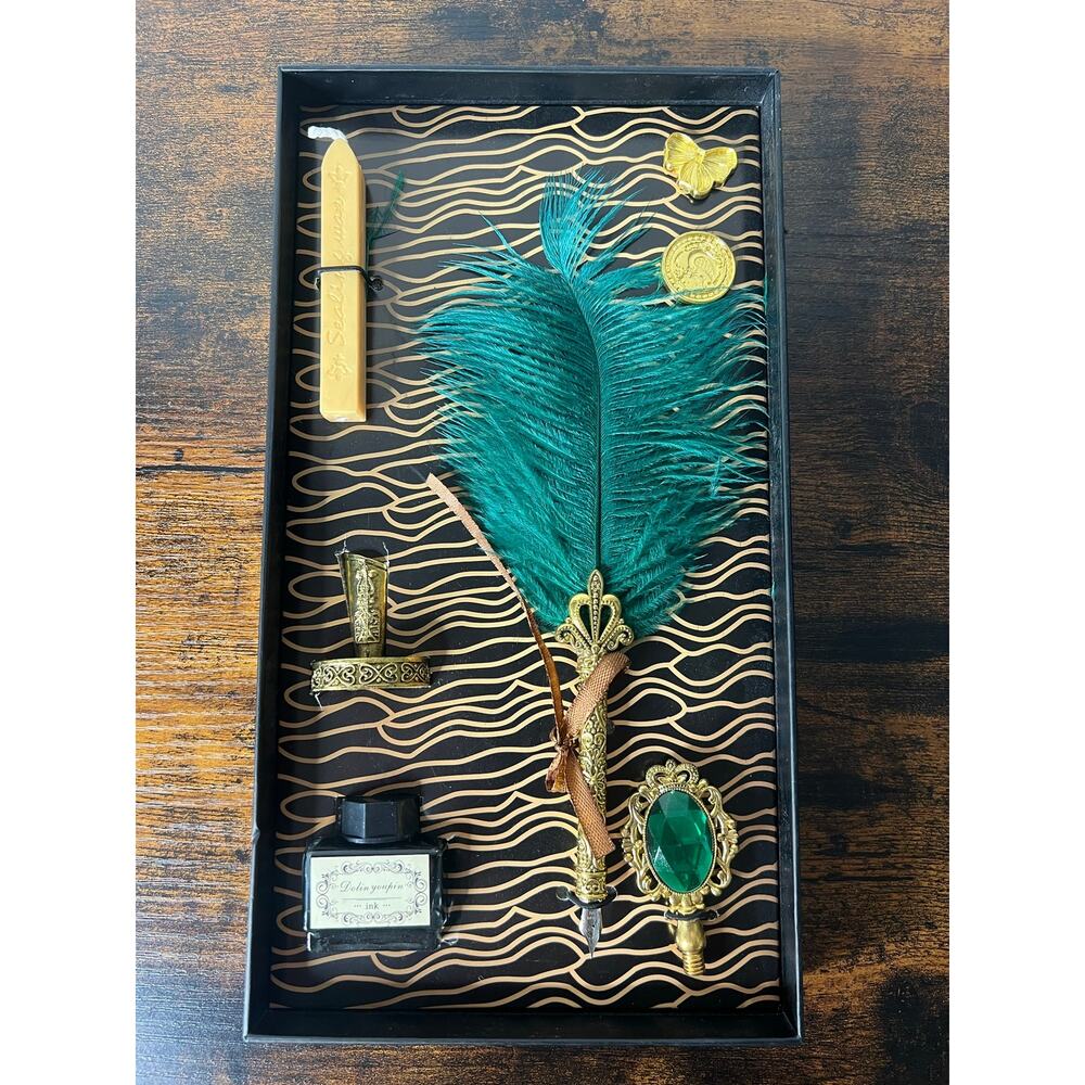 Feather Quill Calligraphy Pen Set & Wax Seal Antique Green Gold Fountain Pen
